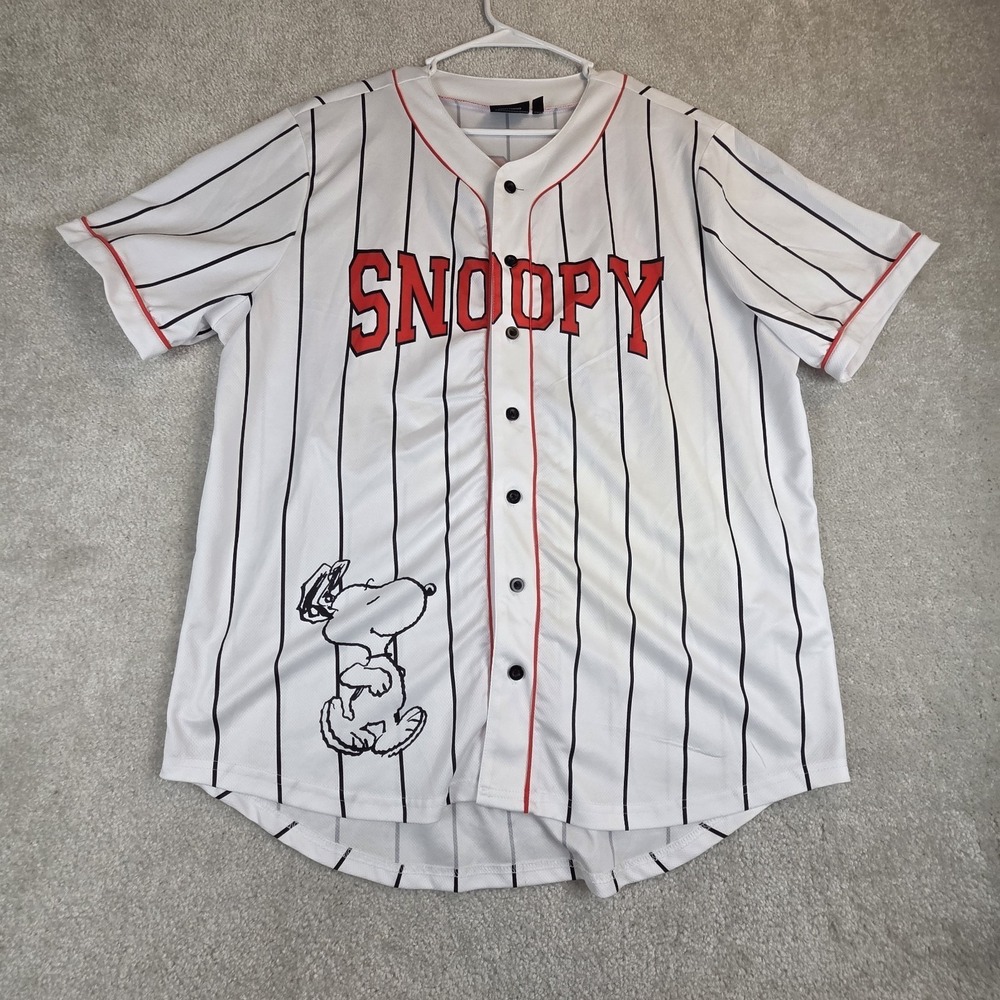 Peanuts Snoopy Baseball Jersey Unisex XL White Black Pinstripe Graphic Number 50